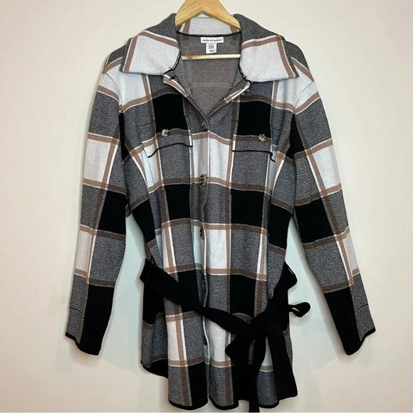 CUPCAKES AND CASHMERE Belted Plaid Shirt Jacket Shacket - Picture 1 of 8